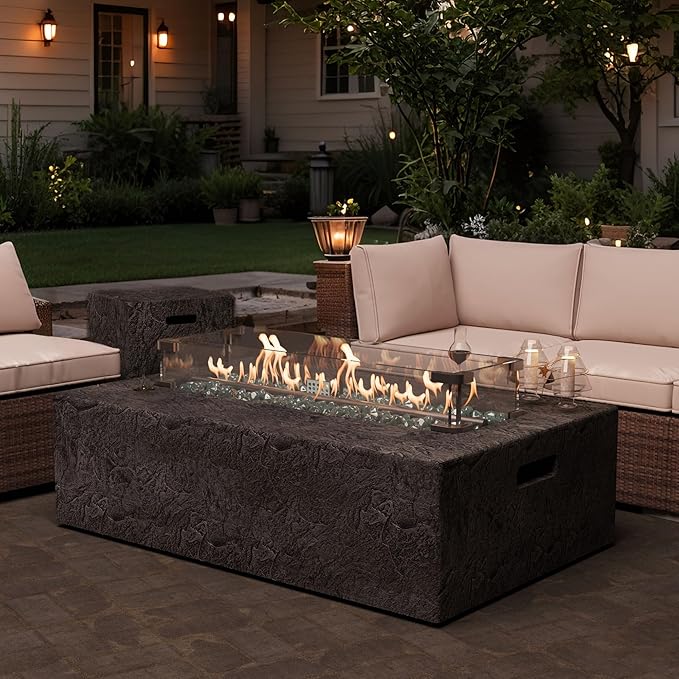 3-Piece Outdoor Propane Fire Pit Table Set – Premium Slate-Like MgO Finish, 48-Inch Gas Fire Table with Tank Table & Glass Wind Guard for Patio, Garden & Backyard, Includes Rain Cover & Glass Beads