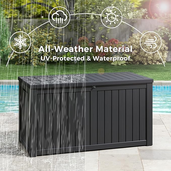 150 Gallon Resin Deck Boxes Waterproof, Outdoor Storage Box Lockable Lid for Delivery Box, Indoor, Garden Tools, Pool Supplies, Patio, Black