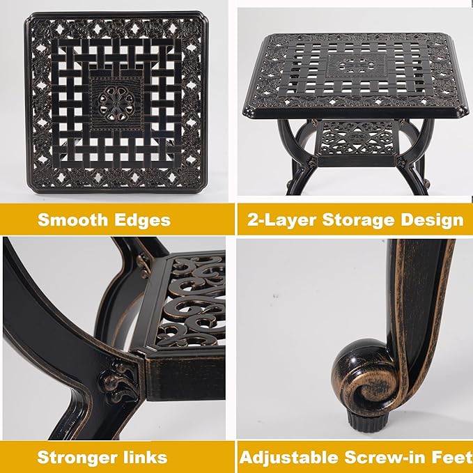 Cast Aluminum Outdoor Side Table,Small Patio Table,Outdoor Coffee Tables for Patio,Garden,Balcony, for All Weather (Copper, Square)