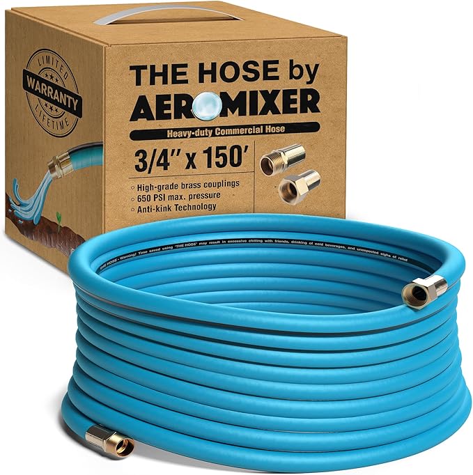 Aeromixer THE HOSE - 3/4 Inch Garden Hose 150 Ft, Kinkless Commercial Garden Hoses, Heavy Duty Industrial Water Hoses for Outdoors, 650 PSI High-Pressure Watering Tool for Farming and Gardening