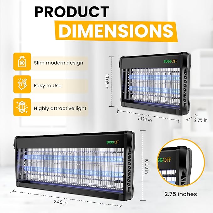 BUGGOFF Black Modern Indoor Electric Bug Zapper, 800 SQFT Coverage, 3500 Volts of Stunning Power, 20 Watts, Kills Mosquitos Gnats, Flys & More. 5 Year Warranty, X2 Free Replacment Bulb (4 Pack)