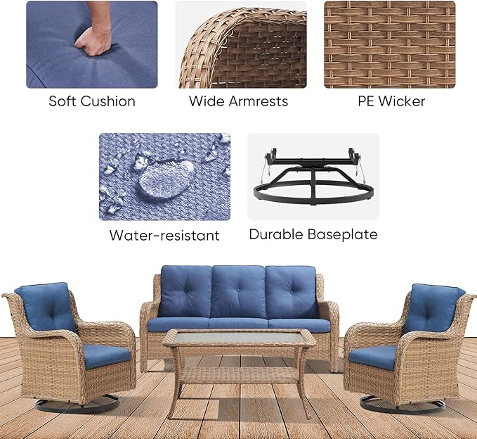4 Piece Patio Furniture-All-Weather PE Wicker Outdoor Patio Furniture with Swivel Rocker Chairs,Outdoor Couch, Set with Coffee Table-Yellow/Blue