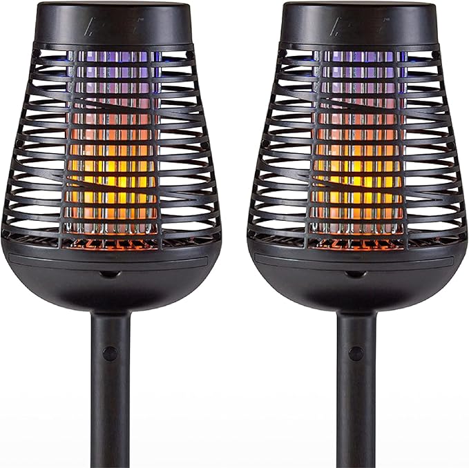 PIC Bug Zapper, 600V Solar Powered Insect Trap & Fly Zapper for Outdoor Use, LED Flickering Flame, Activates Automatically in Dark, Weatherproof Outdoor Fly Trap, Kills Bugs on Contact, Twin Pack