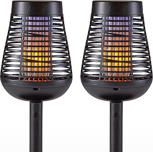 PIC Bug Zapper, 600V Solar Powered Insect Trap & Fly Zapper for Outdoor Use, LED Flickering Flame, Activates Automatically in Dark, Weatherproof Outdoor Fly Trap, Kills Bugs on Contact, Twin Pack