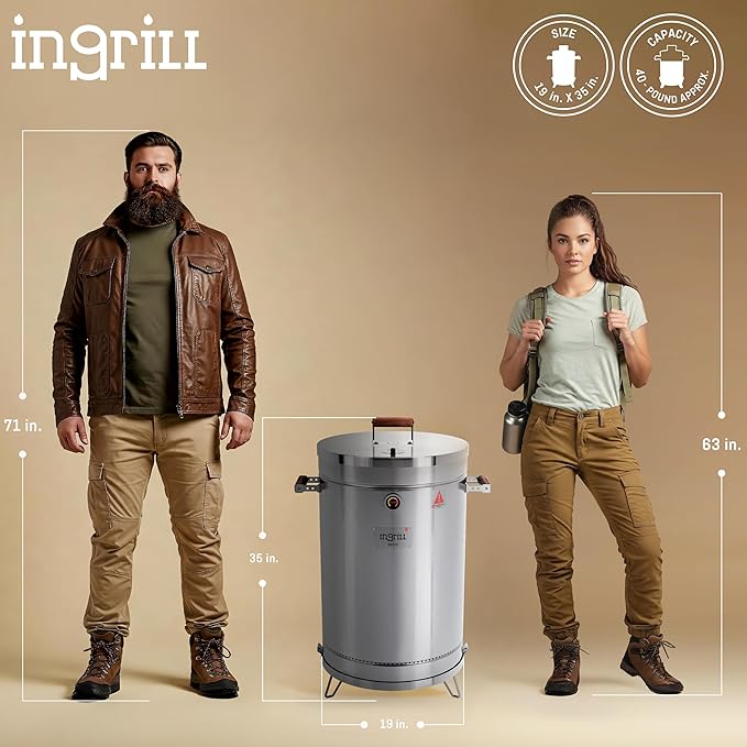 Charcoal Grills - Basic 40 lbs - Stainless Steel Smoker Grill 3-in-1 for Cooking & Home BBQ - Portable Vertical Smoker Barrel for Outdoor & Camping - Meat Grill with Thermometer & Accessories