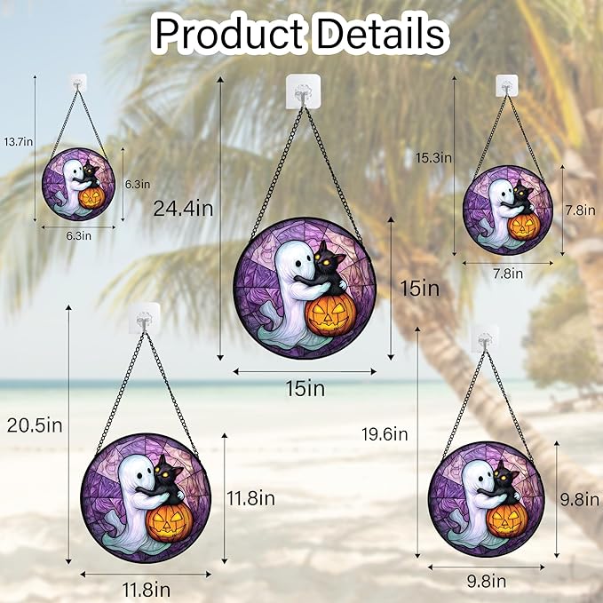 Stained Glass Window Hanging - Halloween Decorations Ghost Black Cat Pumpkin Suncatcher for Door Garden Spooky Purple Sun Catchers Gothic Decor Horror Gifts for Women Men Friend Boy 9.8 in