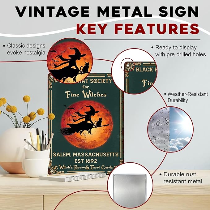 Black Hat Society for Fine Witches Vintage Retro Metal Tin Sign Rustic Wall Decor Witch Halloween Art Metal Plaque for Home Bar Cafe Farmhouse 12x16inch