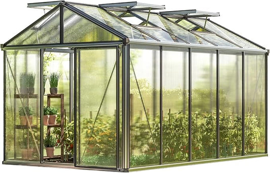 Greenhouse Diamas 23 Premium 7.7 x 12.6 ft with Approx. 16 mm Polycarbonate Panels, Natural Aluminum Color