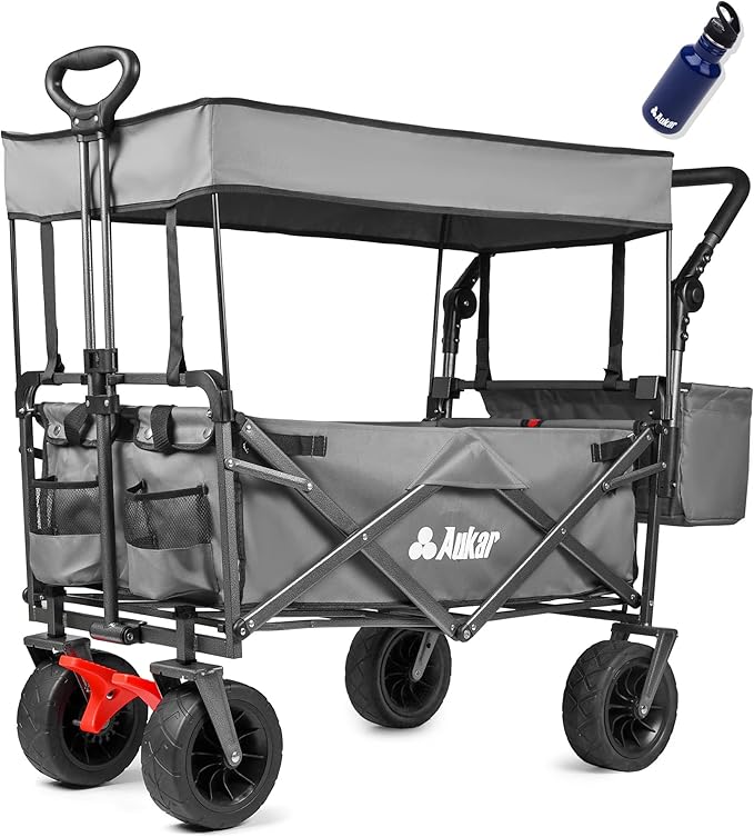 Collapsible Canopy Wagon - Heavy Duty Utility Outdoor Foldable Garden Cart - with Adjustable Push Pulling Handles,Big Wheels for Sand, for Shopping, Picnic, Camping, Sports - Grey