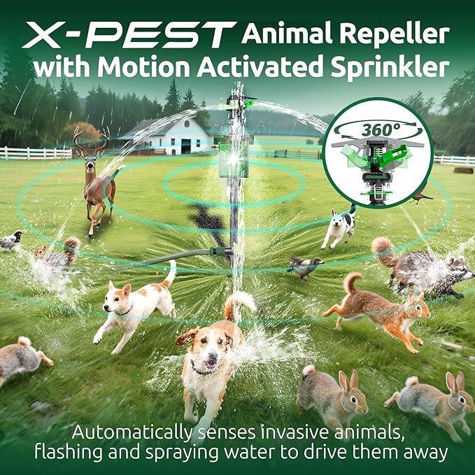 2 Packs Motion Activated Animal Repeller with Water Sprinkler, Solar Powered Deer Repellent Devices, IP65 Waterproof Cat Repellent Outdoor with Flashing Light, Deter Foxes Skunks Raccoons from Garden