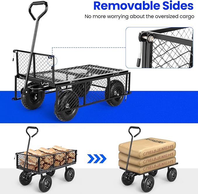 TEANDE Garden Cart, Heavy Duty 880Lbs Capacity Mesh Steel Garden Cart with Removable Sides to Convert into Flatbed, Utility Metal Wagon with 180° Rotating Handle and 10 in Tires, Black