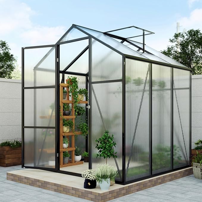 7.2FT High 6*6.2FT Greenhouse for Outdoors,Polycarbonate Greenhouse with Stronger Wind Protection and Roof Vent,Walk-in Large Aluminum Sunroom Winter Proof,Black