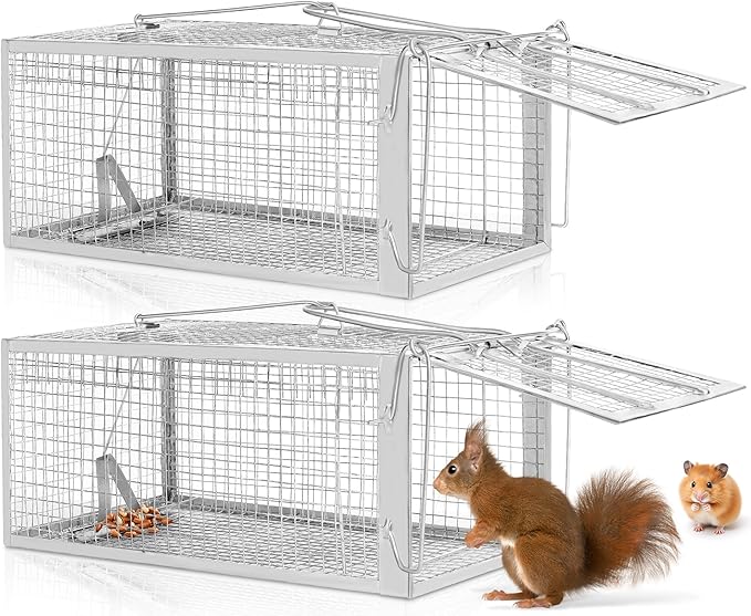 2 Pack Humane Rat Traps - Live Mouse Rat Cage Traps Catch and Release for Indoor Outdoor, Small Animals Traps, Easy to use(12.6''*5.5''*4.7'')