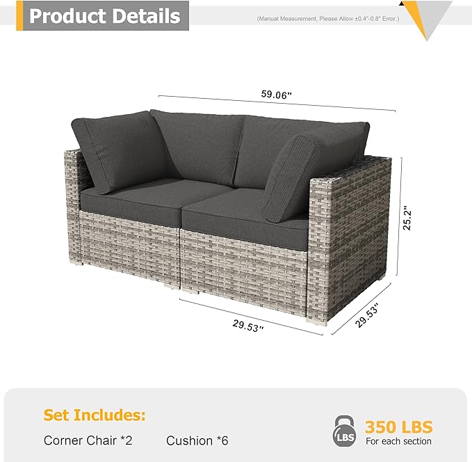 HOOOWOOO Patio Sectional Furniture Set,2 Piece Couch Set with 2 Matching Corner Chairs(Black)