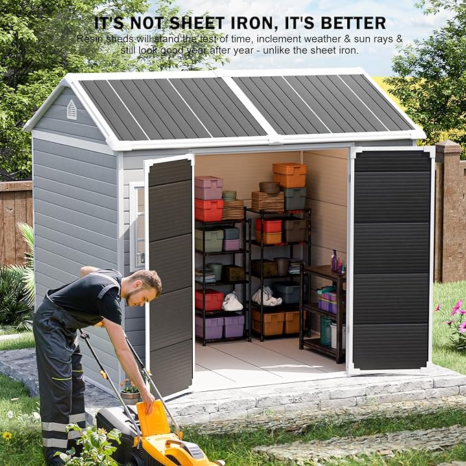 CDCASA 8x6 FT Resin Storage Shed, Waterproof Large Outdoor Sheds with Floor Included & Adjustable Openable Windows, Outside Plastic Tool Shed for Backyard Patio Poolside Garden, Dove Grey