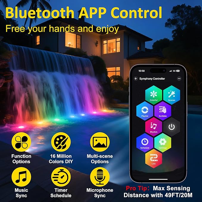 T-SUN Smart RGB Pond Lights, Halloween Outdoor Underwater Light with App & Remote, IP68 Waterproof Submersible Fountain Light, Music Sync, 16M Colors, Timer, Dimmable, Koi Pond, Garden, Set of 12