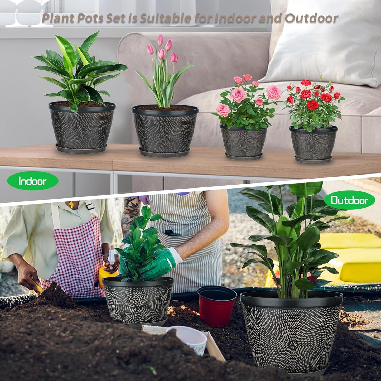 Quarut 4 Pack 8 Inch Flower Pots for Outdoor Indoor, Plastic Plant Pots with Drainage Hole & Saucer, Lightweight Small Flower Pot, Circle Pattern Planters for Garden House planters（Black Copper）