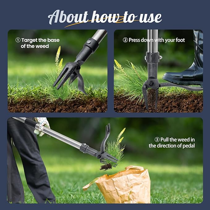 Weed Puller Tool Stand Up Weeder with Long Handle & 4-Claw Steel Head Manual Weed Remover Tool for Lawn and Garden (Steel)