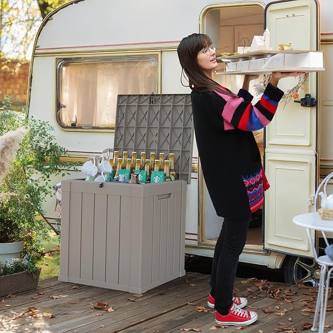 ROJIK Outdoor Storage Housing Deck Box - Waterproof Patio Furniture, Garden Tools, Cushions, Pool Accessories Storage Bench with Lockable Lid and Side Handles (Grey, 50 Gal)