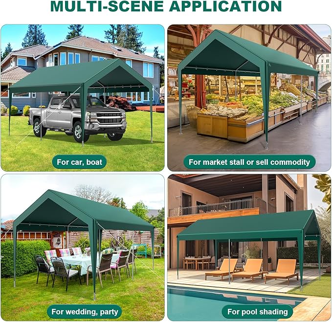 10x20FT Heavy Duty Carport, Portable Car Canopy Garage Boat Shelter Party Tent, UV Resistant Waterproof Carport Canopy with Four Wind-Resistant Ropes, Green