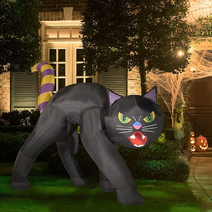 Haunted Hill Farm 9.8 Ft. Halloween Cat Blow Up with LED Lights, Giant Inflatable Yard Decor for Home, Haunted House, Black Cat with Spooky Green Eyes, Festive Outdoor Decorations for Patio and Yard