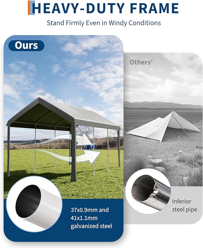 10x20ft Metal Carport Garage with PE Fabric and Galvanized Steel Frame Leg Wrap Carport for Outdoor Shelter for Cars, Trucks and Boats - Gray