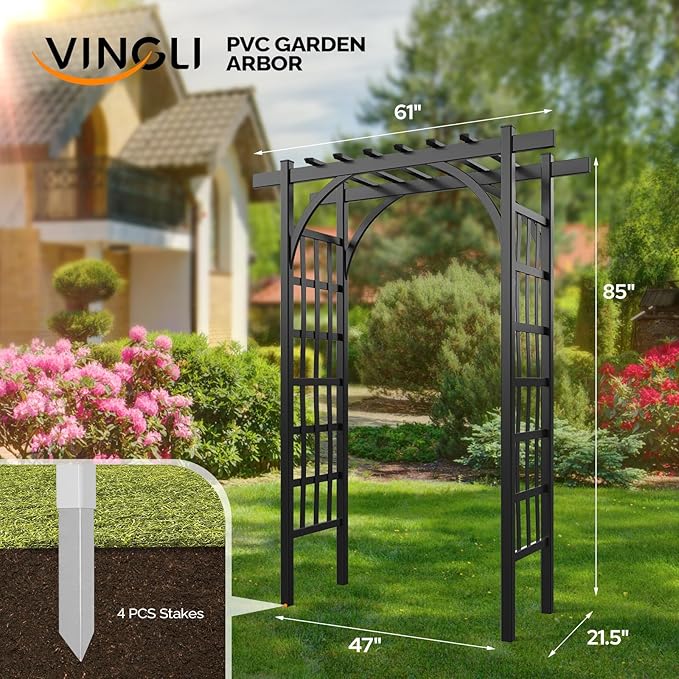 VINGLI Garden Arbor, PVC Wedding Arch for Ceremony Party, Garden Trellis for Climbing Plants Outdoor, Arch Backdrop Stand for Garden, Backyard, Wedding, Lawn (Black)
