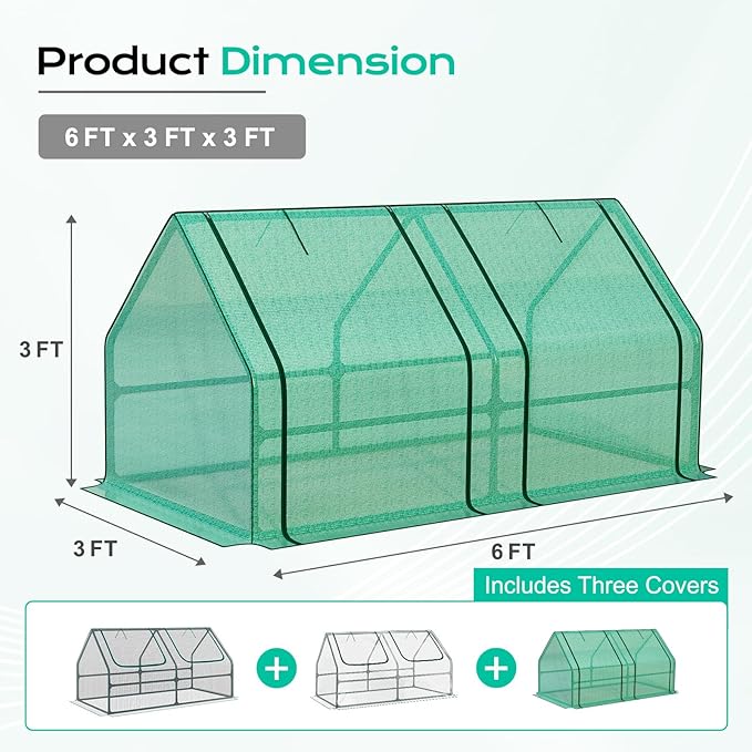BPS 6x3x3 ft Mini Garden Greenhouse with 3 Dual Covers (PE & PVC & Mesh) Waterproof, UV-Protected Portable Grow Tent for Flowers, Vegetables, and Herbs in All Seasons