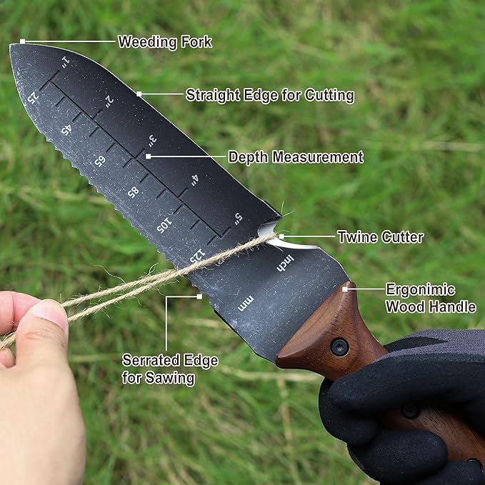 TOPLINE Hori Hori Garden Knife with Oxford Sheath, 7" Stainless Steel Blade with Cutting Edge, Full Tang Walnut Handle with Hanging Hole, Multifunctional Garden Tools for Weeding, Planting, Cutting