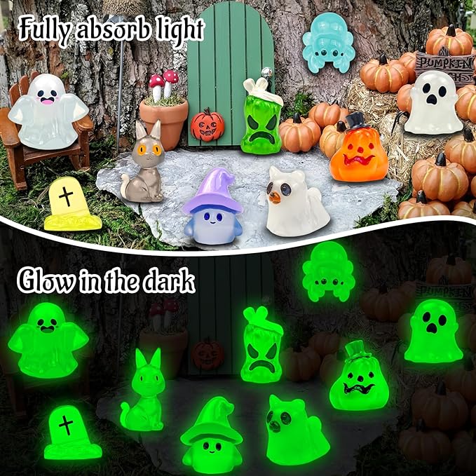 38 Pcs Halloween Luminous Mini Resin Figures Glow in The Dark Tiny Little Pumpkin Ghost Skull Miniature Figurines Bulk for Halloween Party Micro Landscape Fairy Garden Decor
