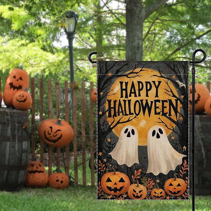 Happy Halloween Garden Flag Ghost Welcome Small Flags for Outside, 12x18 Inch Moon Jack O Lantern Pumpkin Double Sided Burlap Holiday Fall Banner Yard Outdoor Decoration