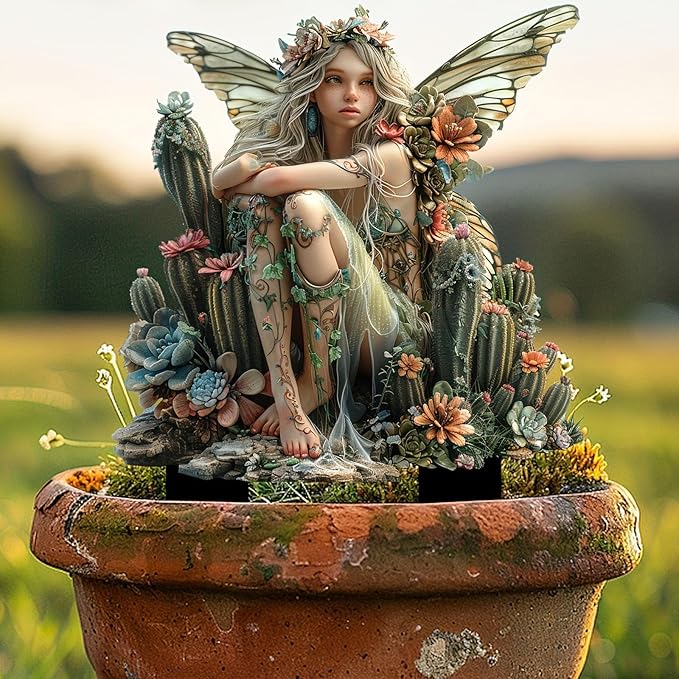 Fairy Garden Stake Decor, 2D Flat Acrylic Fairy Garden Decor Panel, Elf Yard Sign for Outdoor Indoor Yard Lawn Plants Pots, Fairy Garden Accessories (Cactus Fairy)
