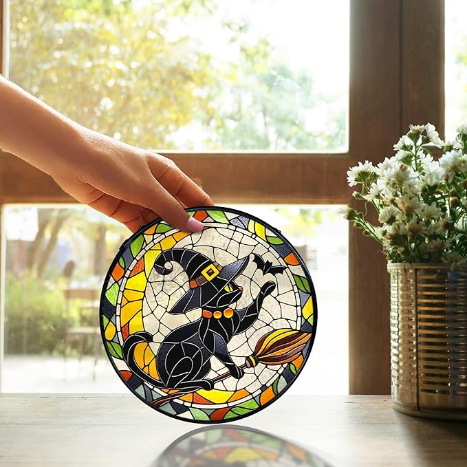 TNUW Halloween Black Cat Stained Glass Window Hanging, Gothic Witchy Black Cat Sun Catchers Indoor Window Glass Round Wall Art Decor, Halloween Wall Hanging Decorations, 7.9＂x7.9＂