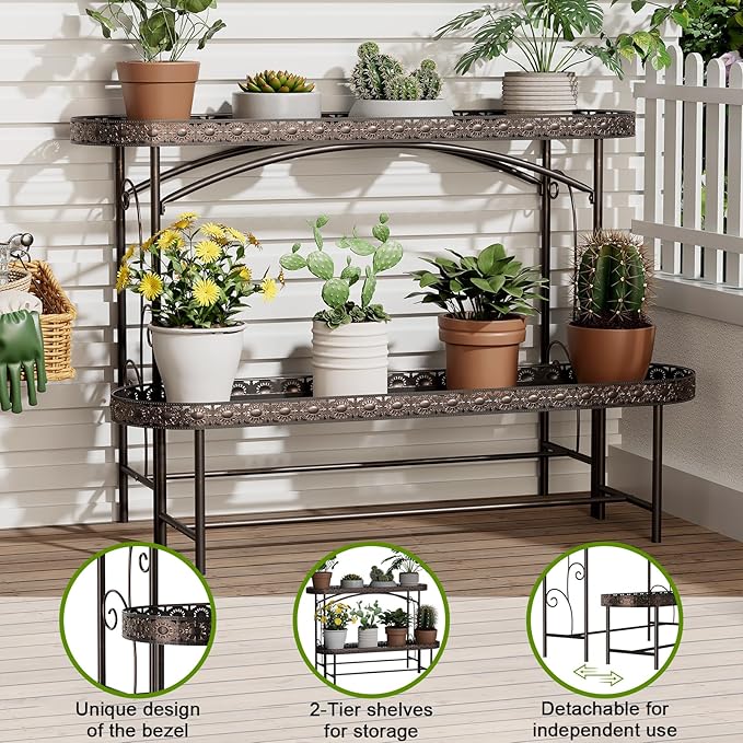 Plant Stand Outdoor Indoor 2 Tier Metal Pland Stand, Detachable Heavy Duty Tall Plant Shelf Rack Flower Pot Holder for Patio Garden Balcony Living Room, Distressed Vintage Black
