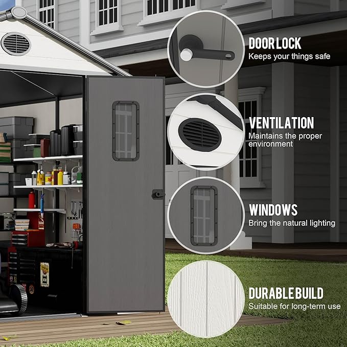 8' x 6' Outdoor Resin Storage Shed with Floor,Galvanized Metal Waterproof Garden Shed with Lockable Door, Windows, Vents, Plastic Tool, Bike Storage for Patio Furniture, Lawn Mower