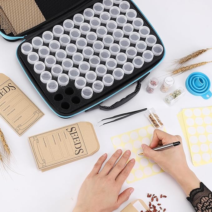70 Slots Seed Storage Organizer, Garden Seeds Saver kit Seed Organizer with 20 Seed Envelopes, Write Label, Funnel, Tweezer for Flower Plants Vegetable Seed Saving (Seeds not Included)