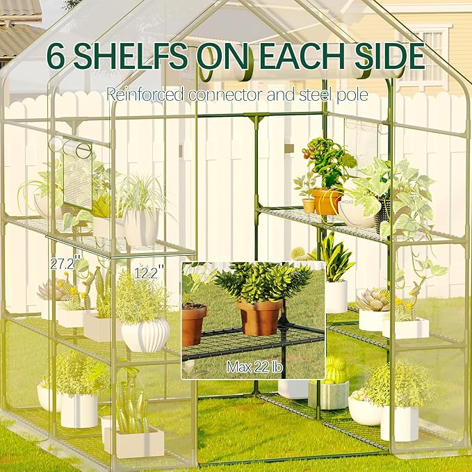 Walk in Greenhouse, 56x56x77 Inch Waterproof Green Houses for Outside, Portable for Outdoors with Roll-Up Zipper, Secure Hooks, Small Indoors Warm, 12 Shelves Walk-in (6.4x4.7x4.7FT)