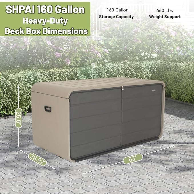 Resin Deck Box 160 Gallons, Large Heavy-Duty Outdoor Storage Box, Lockable & Waterproof Patio Outside Storage Box for Patio Furniture, Tools, Pool Supplies