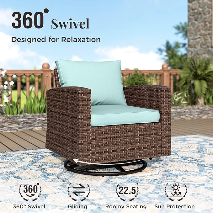 Patio Furniture Set, 6 Pcs Wicker Outdoor Conversation Set, 2 x Swivel Chairs, 1 x 3 Seater Sofa, 1 x 2-Seat Lover Sofa and 2 x Ottomans with 4" Thick Cushion for Garden Backyard Deck, Blue