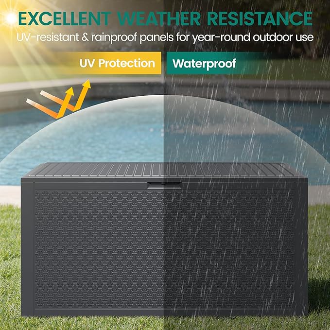 90 Gallon Outdoor Deck Box, Waterproof Outdoor Deck Box, Durable Resin Bin for Patio Cushions, Garden Tools and Pool Accessories, Lockable with UV Protection, Dark Gray, Patio Furniture (90 Gal Gray)