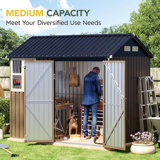 Breezz 6X8FT Outdoor Steel Storage Shed with Frame Floor,Clear Window, Lockable Doors, Weather-Resistant Metal Tool Shed for Garden, Backyard, Patio, and Utility Storage Brown