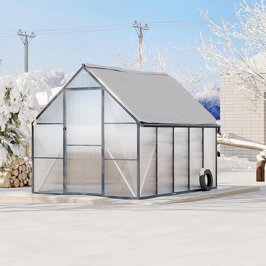 Aluminum Polycarbonate Greenhouse for Outdoors, Large Walk-InGreenhouse with Quick Setup Structure and Roof Vent, Greenhouse with Ventilation and Rain Gutter