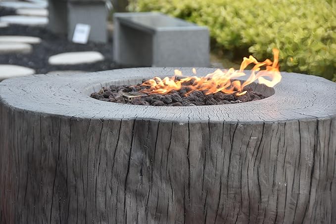 Elementi | Bundle Manchester Gas Fire Pit Cast Concrete Semi-Round Fire Table, Outdoor Fire Pit Electronic Ignition | Canvas Cover, Lava Rock Included | Classic Gray (Propane Gas)