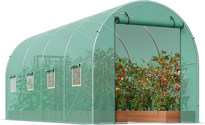VEVOR Walk-in Tunnel Greenhouse, 14.6x6.4x6.3 ft Hoop House Greenhouse Tunnel, Plant Hot House with Galvanized Steel Frame, Green PE Cover, Roll-up Zipper Door and 8 Windows for Outdoor