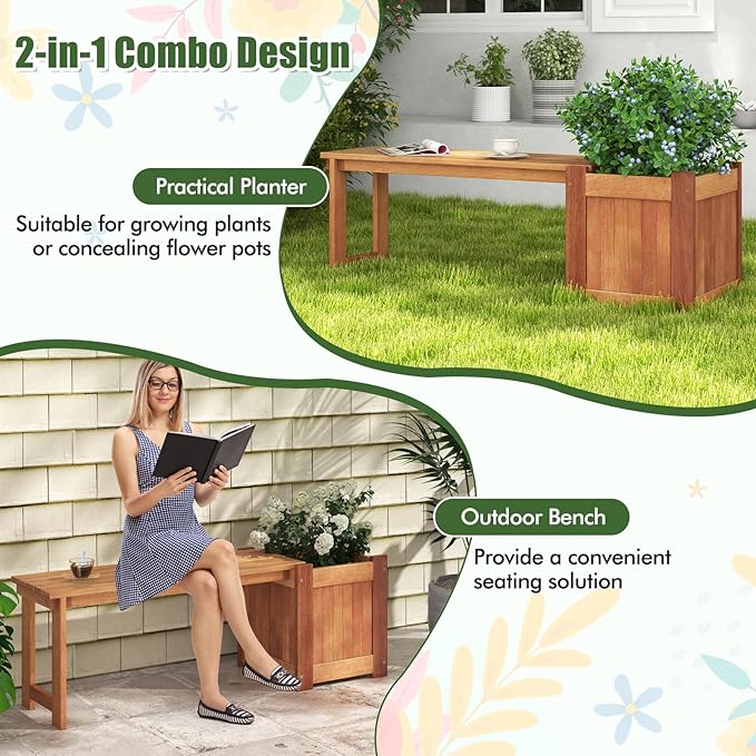 Giantex 2-in-1 Outdoor Bench with Raised Garden Bed, Wood Seat with Teak Oil Finish, Planter Box with Open-Ended Base, Garden Bench Seat for Porch Balcony Lawn Yard, DIY Assembly