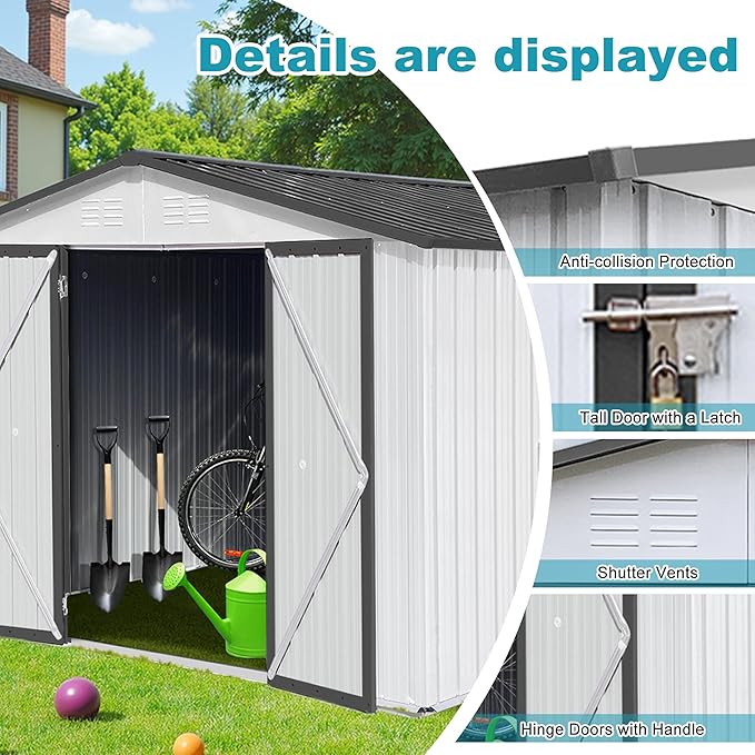 Sheds & Outdoor Storage 12 ft × 10 ft Storage Shed Large Classic Apex Roof Metal Garden Storage Sheds with Hinged Door Tool Cabinet for Backyard, Patio, Poolside, White + Gray