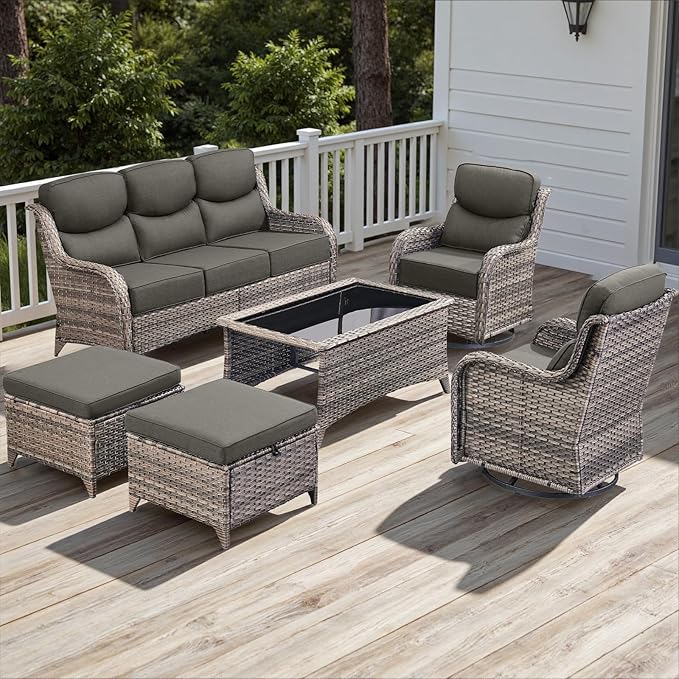 Wicker Outdoor Patio Furniture Set - 6 Piece Patio Conversation Sets with Swivel Rocker Chairs, Ottomans, Sofa and Coffee Table, 6 inch Cushions, Deep Seating, for Porch Deck Mixed Grey/Grey