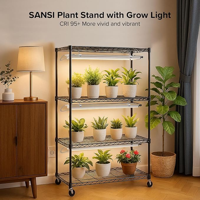 SANSI Plant Stand with Grow Light, 4-Tier 4000K 144W, Full Spectrum Indoor Greenhouse DIY Plant Shelf with T8 Plant Lights Growing Lamp, Flower Pot Stand Display Rack with Wheel Mechanical Timer