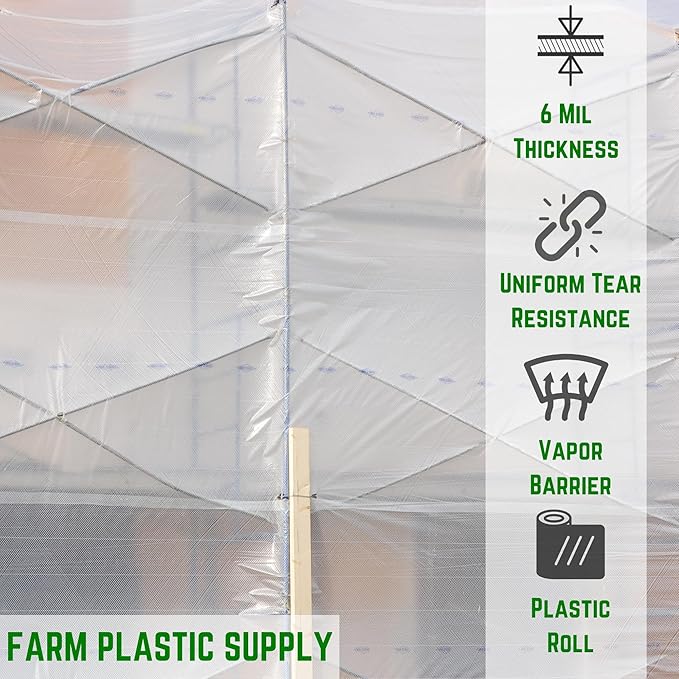 Farm Plastic Supply - Dura Skrim String Reinforced Clear Plastic Sheeting - 6 Mil - (20' x 100') - Reinforced Poly Film Tear Resistant, Weatherproof, Vapor Barrier Polyethylene Roll for Construction