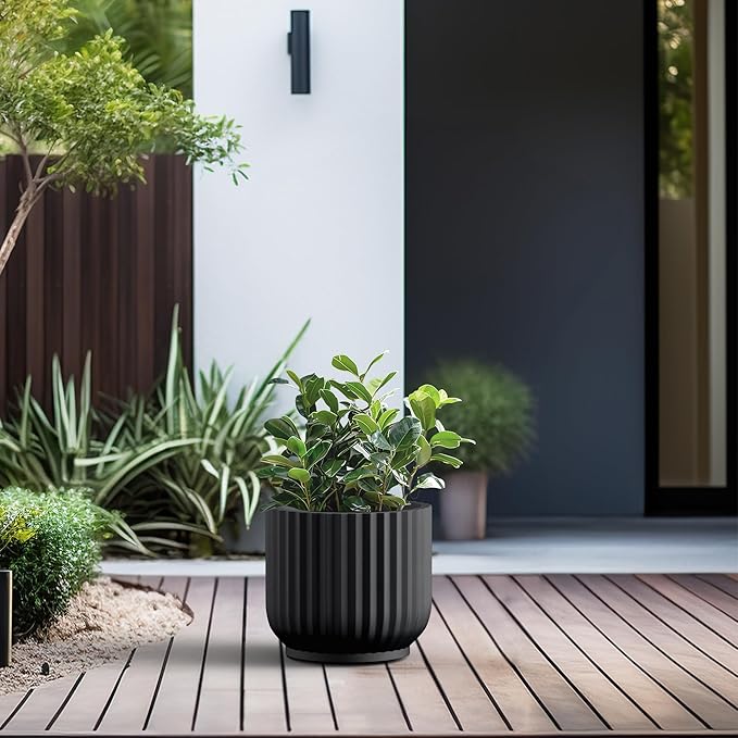 Kante Round Fulted Planter, 11 Inch Dia Large Concrete Plant Pots with Drainage Hole and Rubber Plug, Modern Decor for Indoor Outdoor Plants, Flower, Black